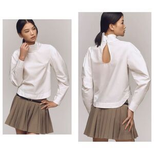 NWT Anthropologie long seamed sleeve mock neck rounded shoulder white blouse S